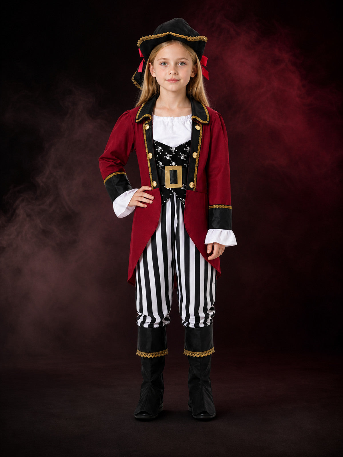 Kids Pirate Costume Set - Burgundy Coat with Gold Trim, Skull Print & Pirate Hat main product view