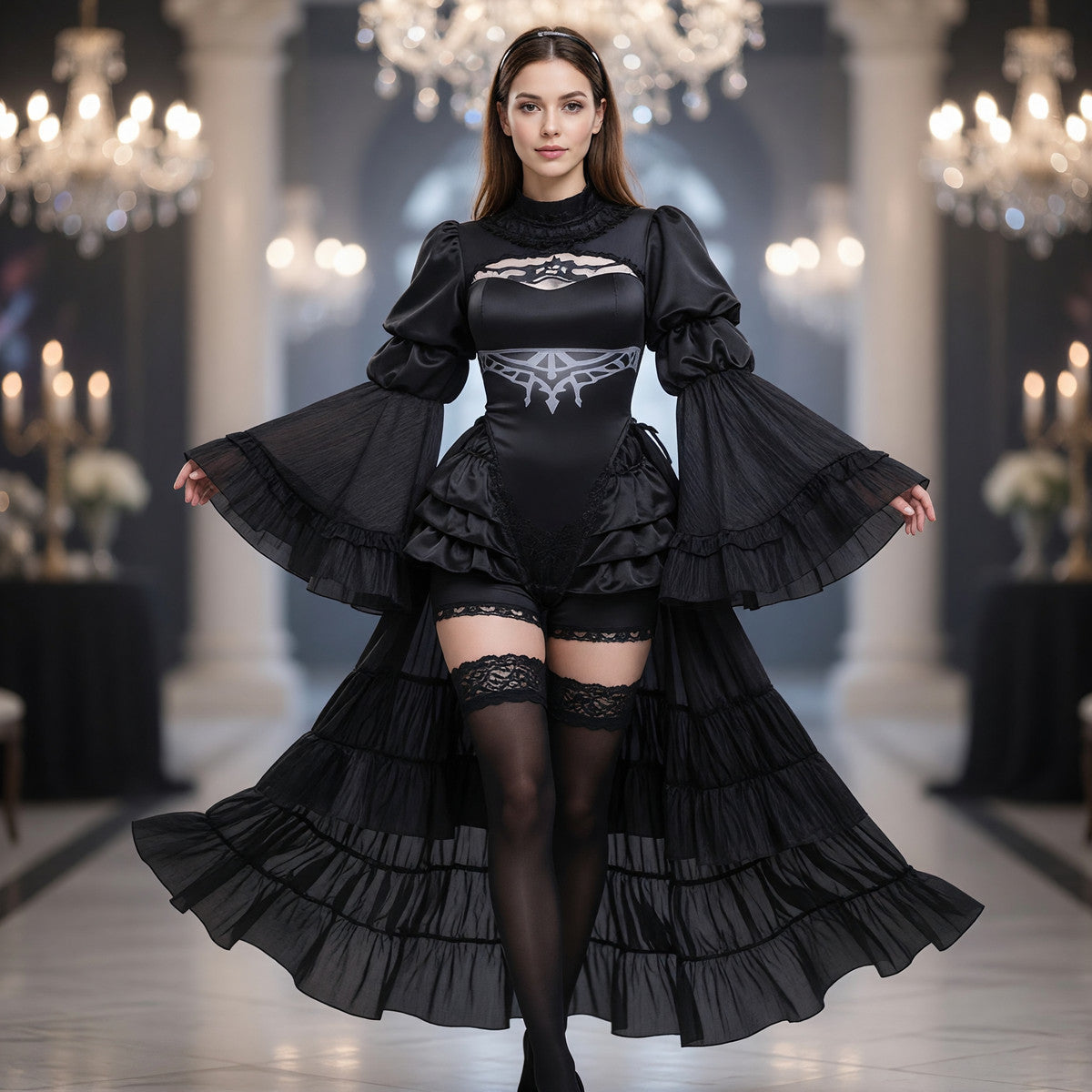 Black Cosplay Dress with Collar and Ruffles lifestyle view