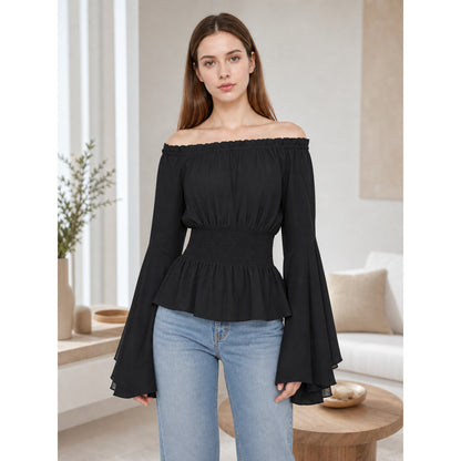 Black Off-the-Shoulder Blouse with Flared Sleeves