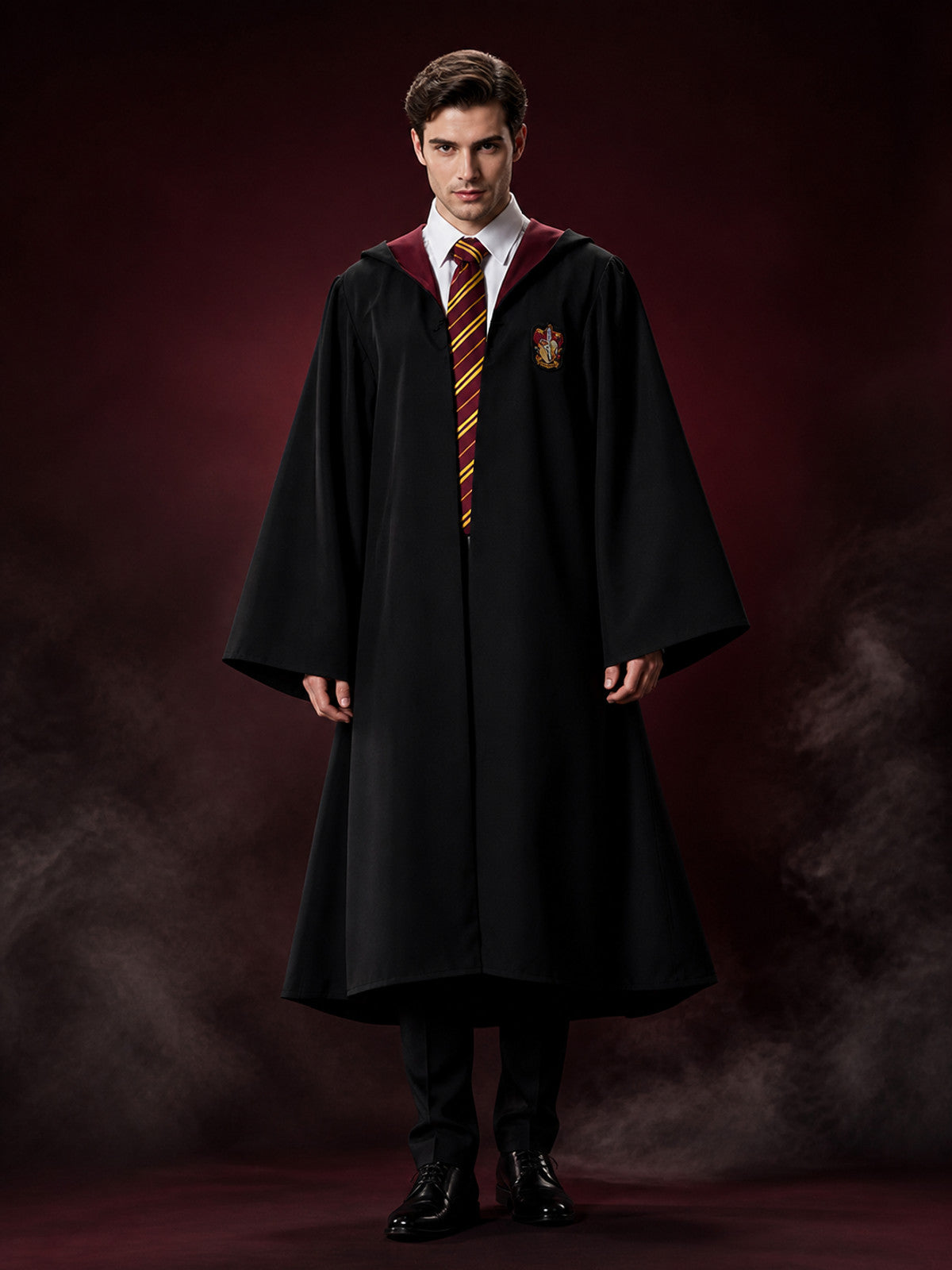 Black Wizard Robe Costume Set with Red-Yellow Striped Tie, Long Sleeve Halloween main product view