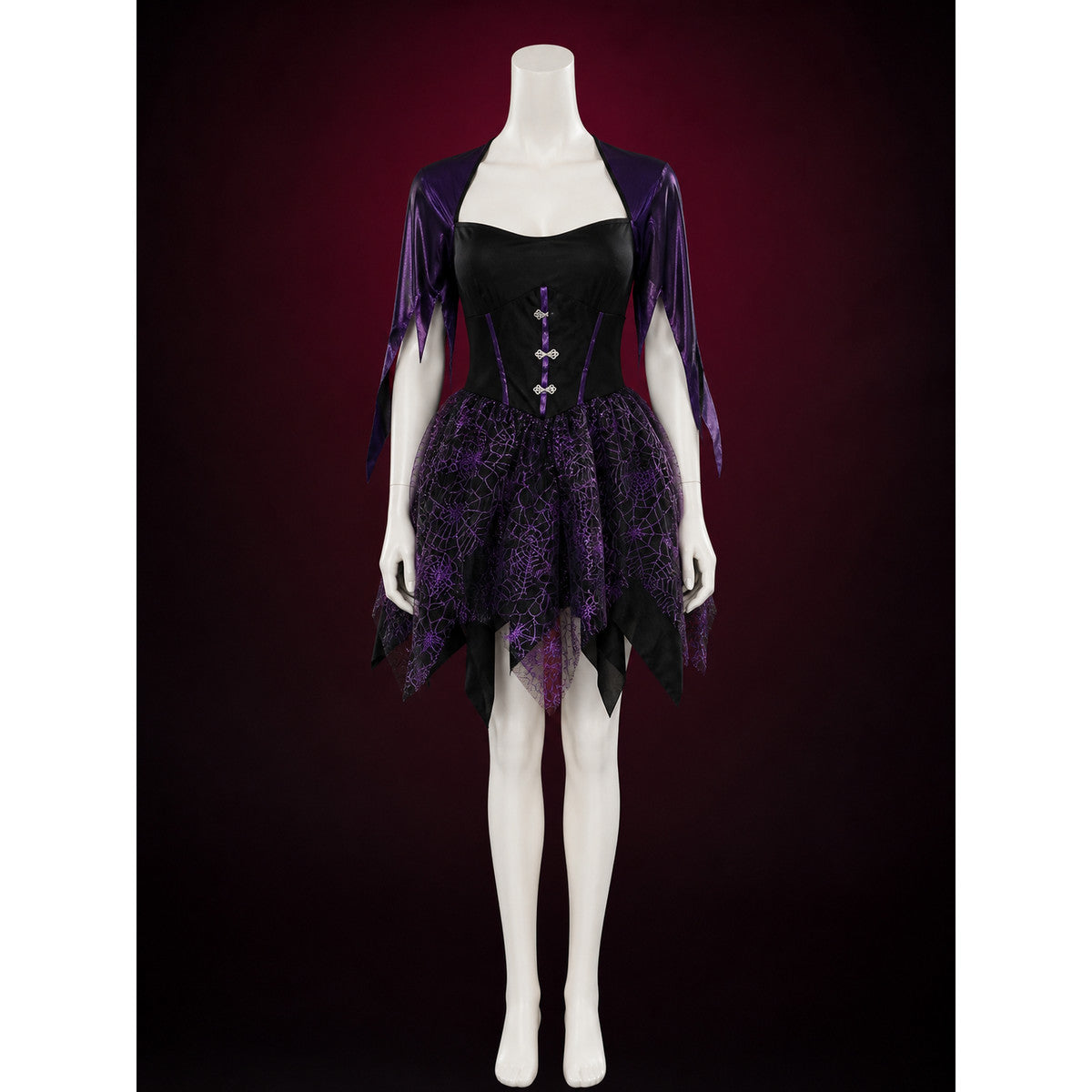 Gothic Witch Costume Dress, Black And Purple Spiderweb Asymmetrical Skirt main product view