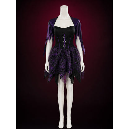 Gothic Witch Costume Dress, Black And Purple Spiderweb Asymmetrical Skirt main product view
