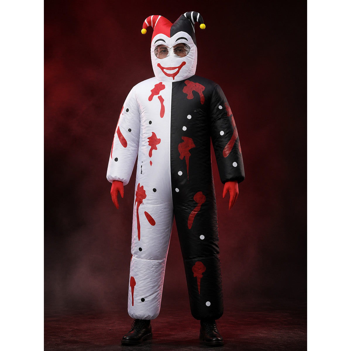 Black White Clown Jumpsuit Costume with Hat and Red Drip Design main product view