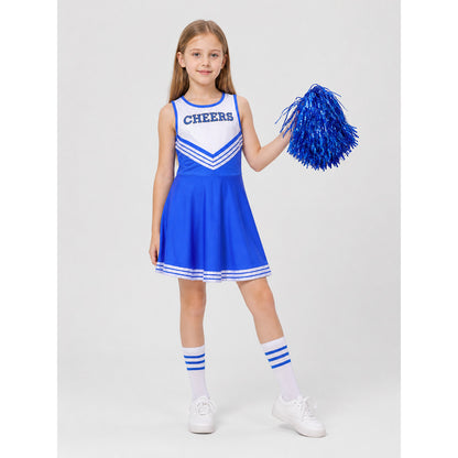 Children’s blue and white cheerleading costume with pom-poms product detail