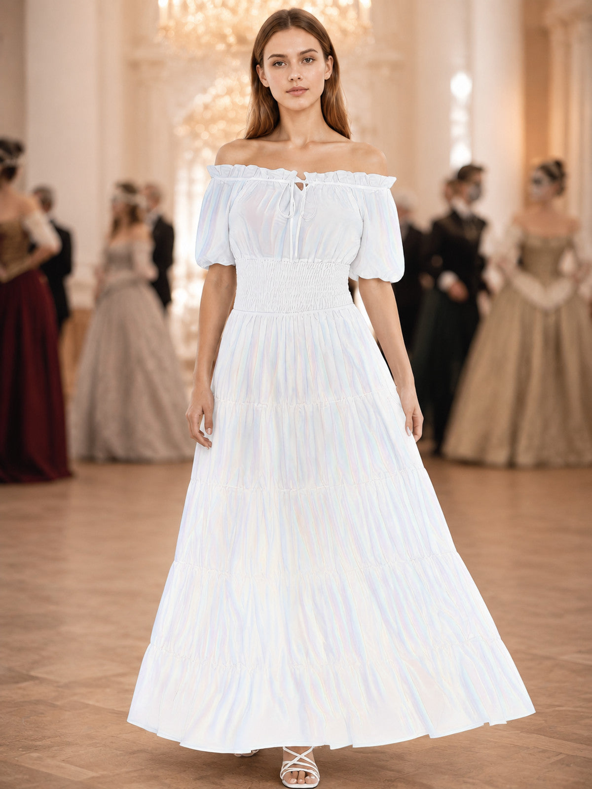 White Floor-Length Dress with Puff Sleeves lifestyle view