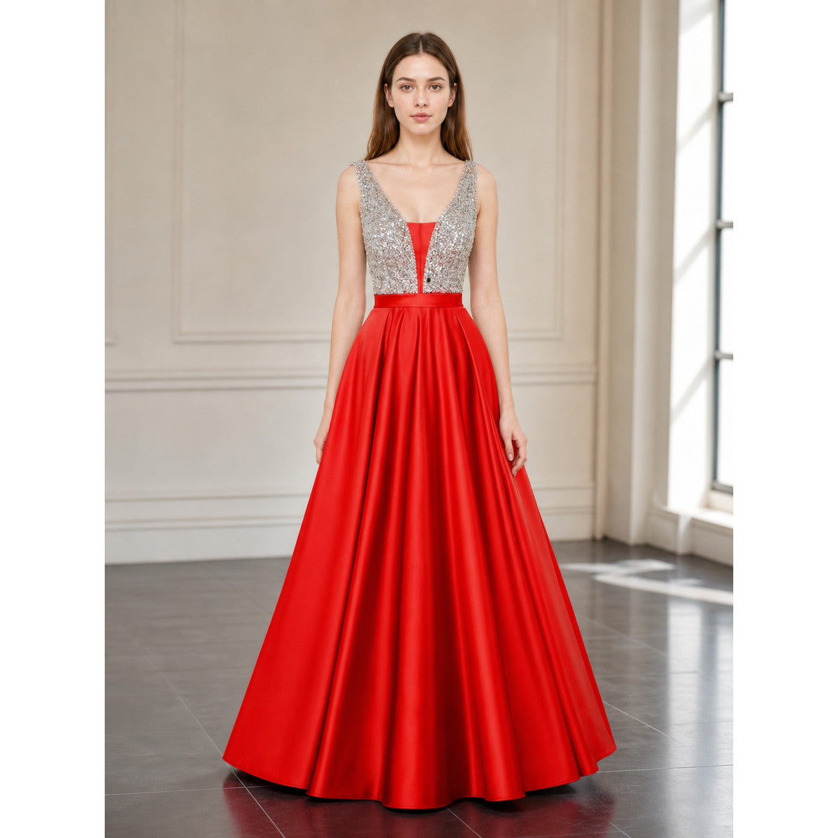 Floor-Length Evening Dress with a Deep V-Neckline