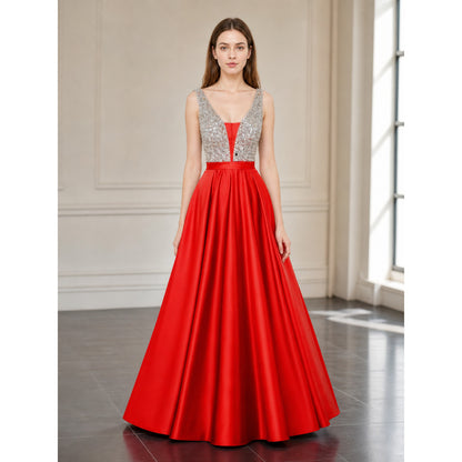 Floor-Length Evening Dress with a Deep V-Neckline