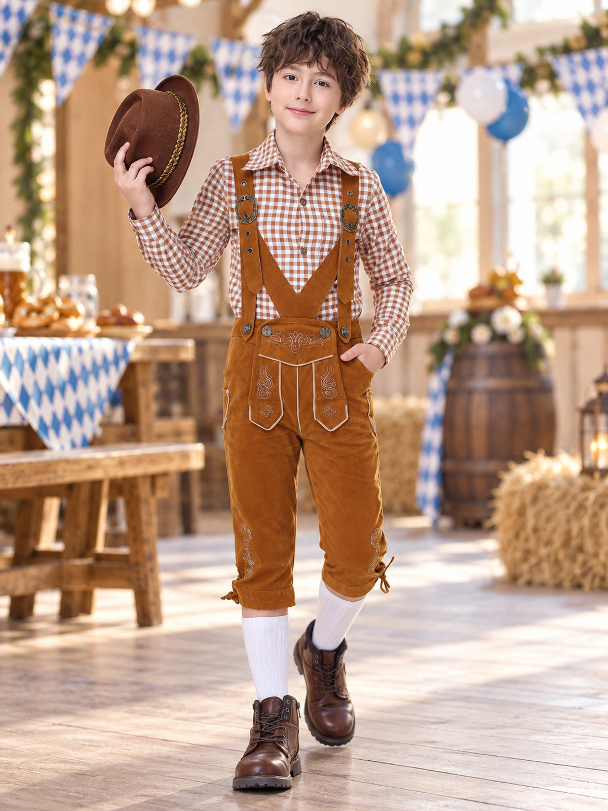 Kids' Plaid Bavarian-Style Costume with Embroidery