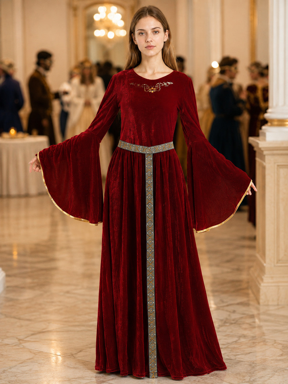 Burgundy Velvet Floor-Length Carnival Dress with Belt lifestyle view