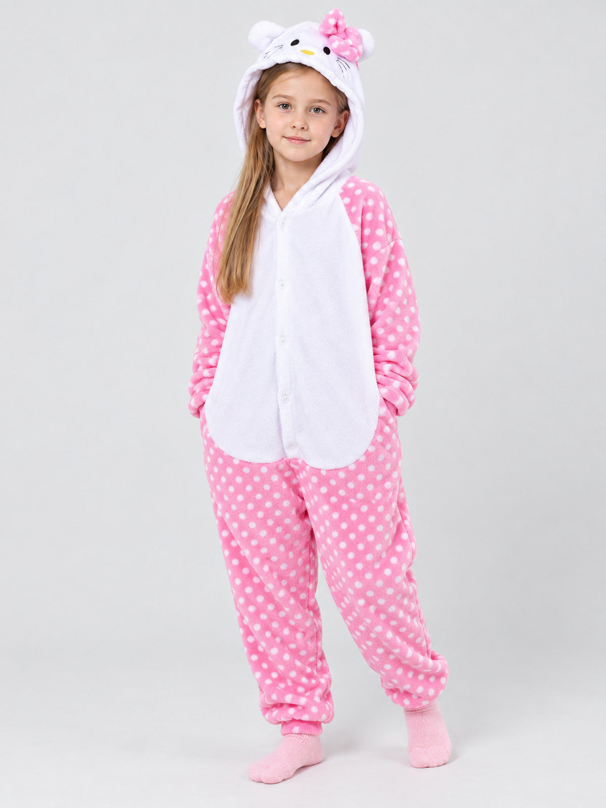Kids' Flannel Fleece Hooded Pajama Jumpsuit with Ears, Pink and White