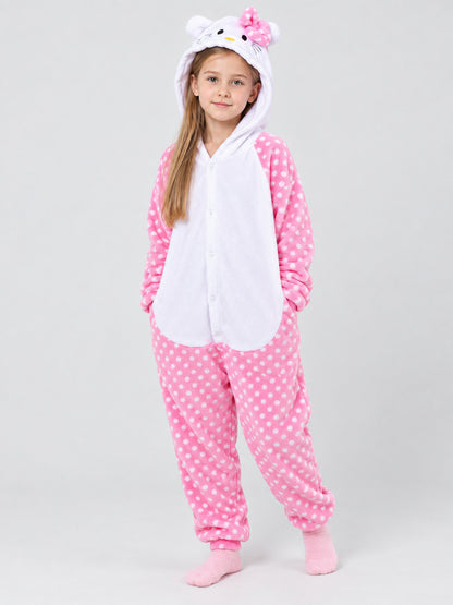 Kids' Flannel Fleece Hooded Pajama Jumpsuit with Ears, Pink and White