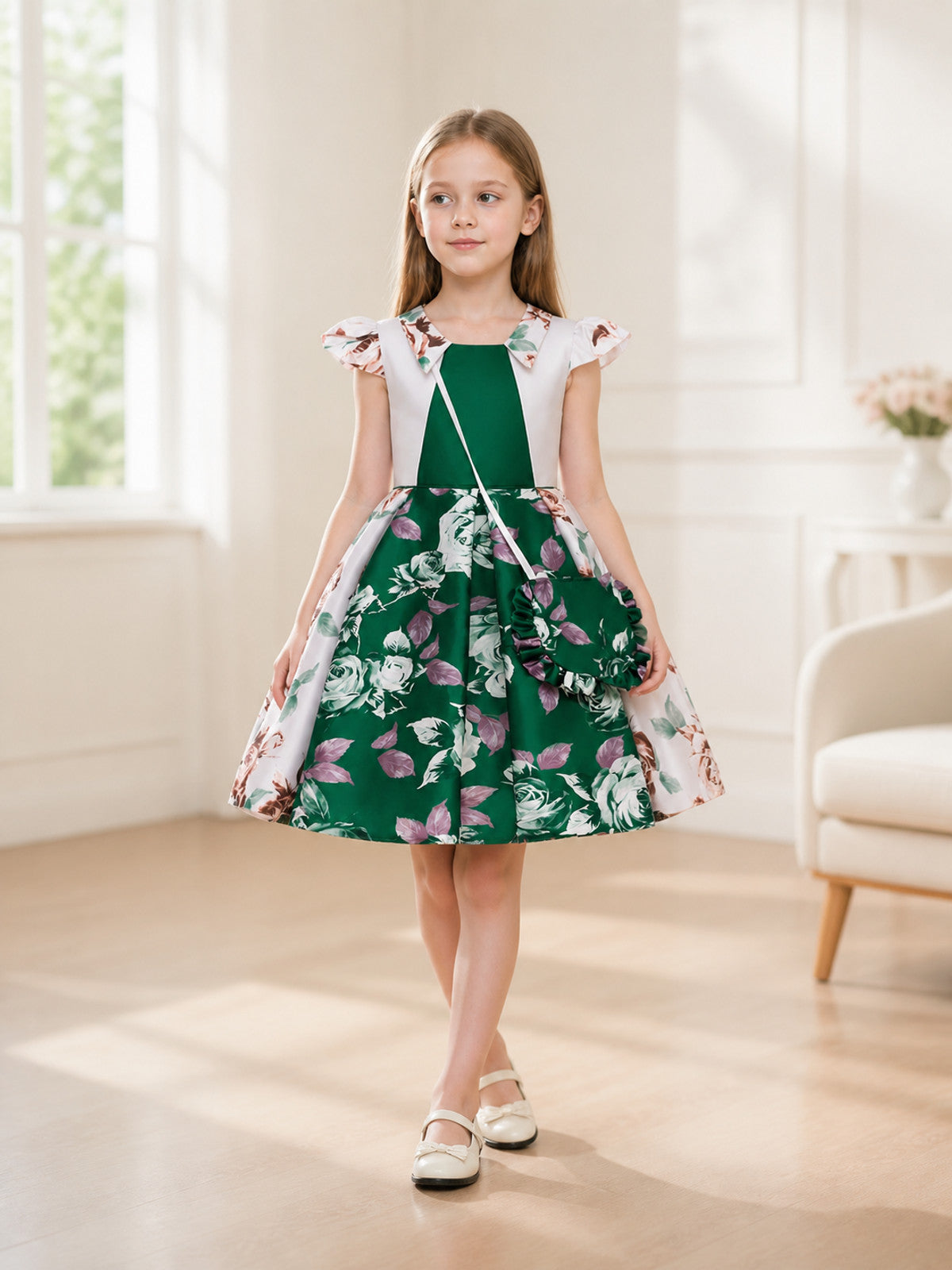 Dark Green Dress: Flutter Sleeves, Full Skirt lifestyle view