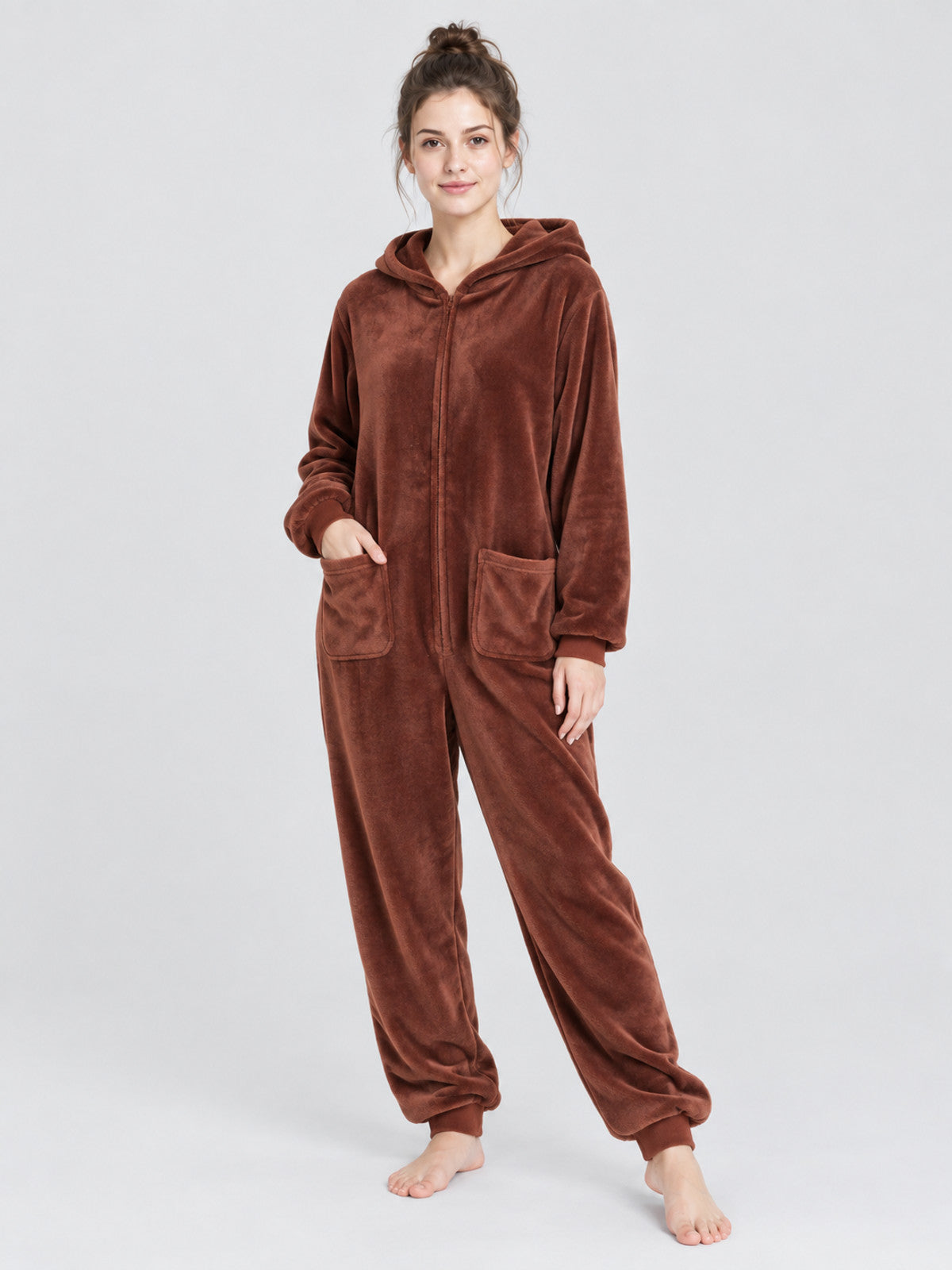 Brown Hooded Flannel Pajama Jumpsuit