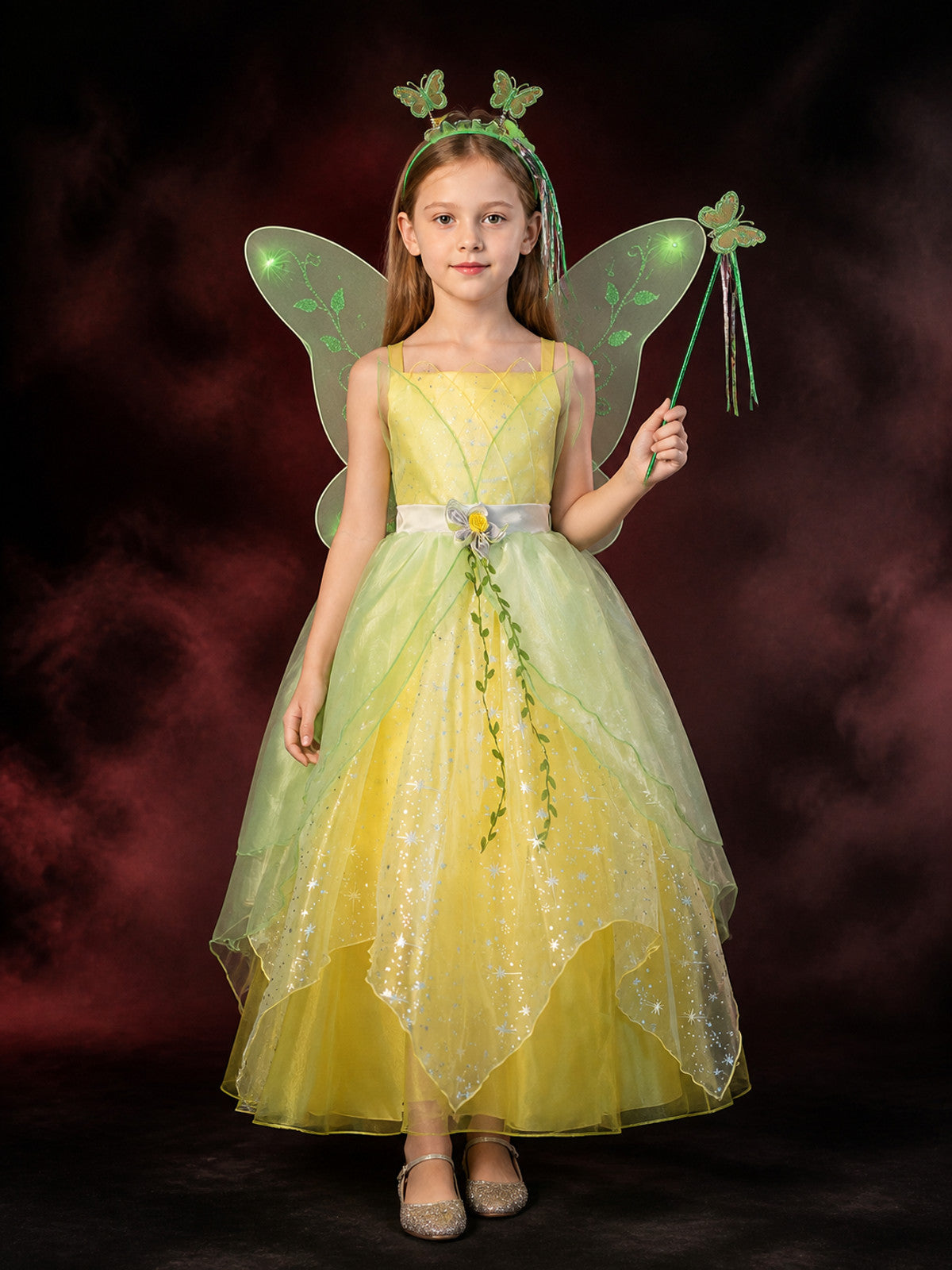 Girls' Princess Dress Costume with Yellow Star Print and Green Layers main product view