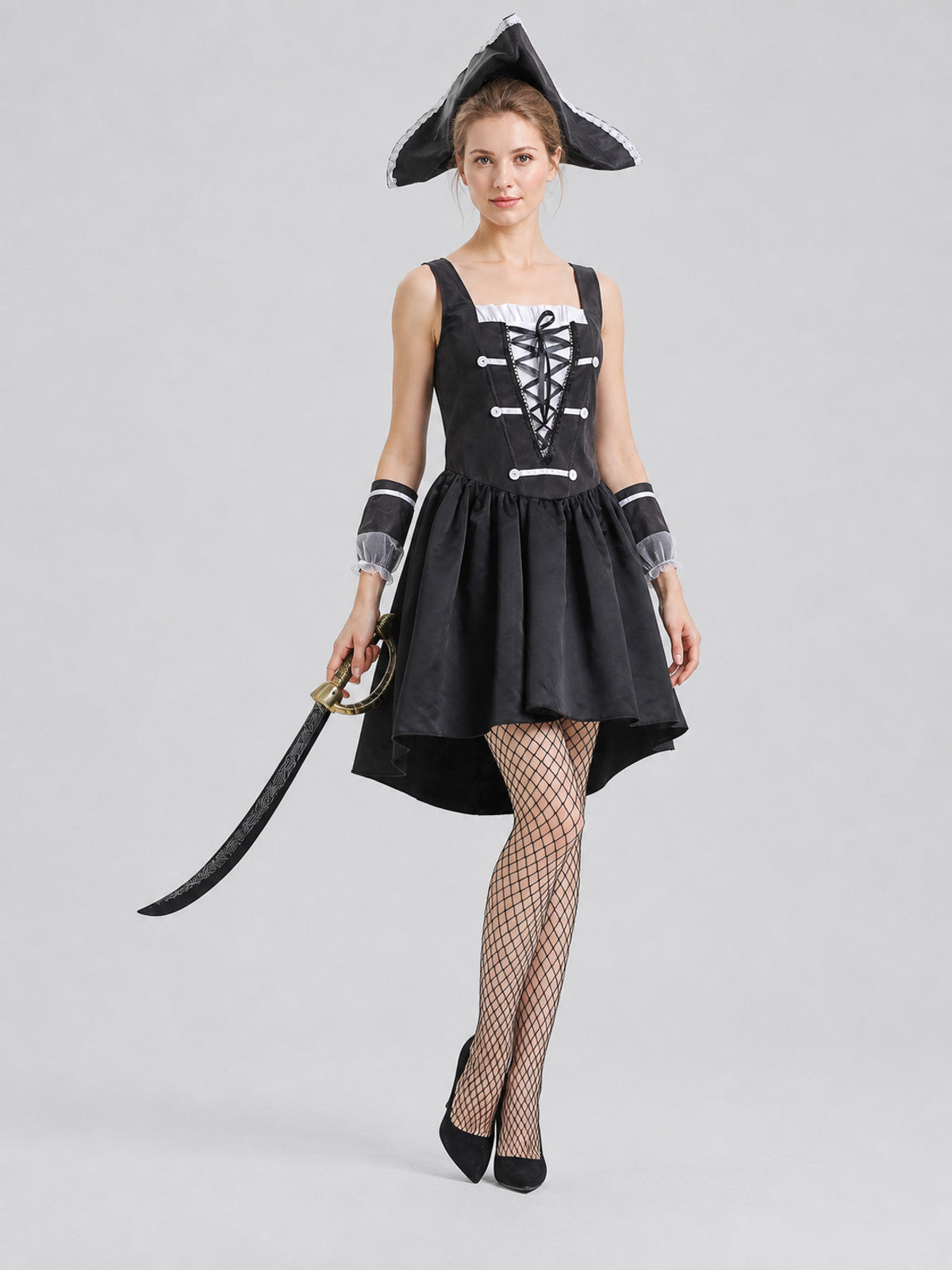 Pirate Dress with Corset, Black with White Trim Costume Dresses detail