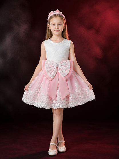 Baby Girls' Pink and White Lace Princess Dress Set with Bow, Tulle Skirt main product view