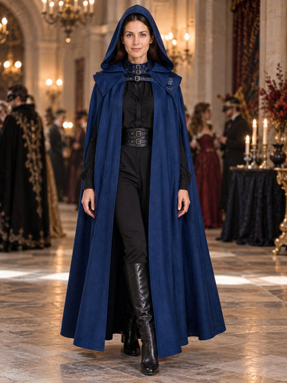 Long Hooded Cloak Cape with Buckles, Dark Blue