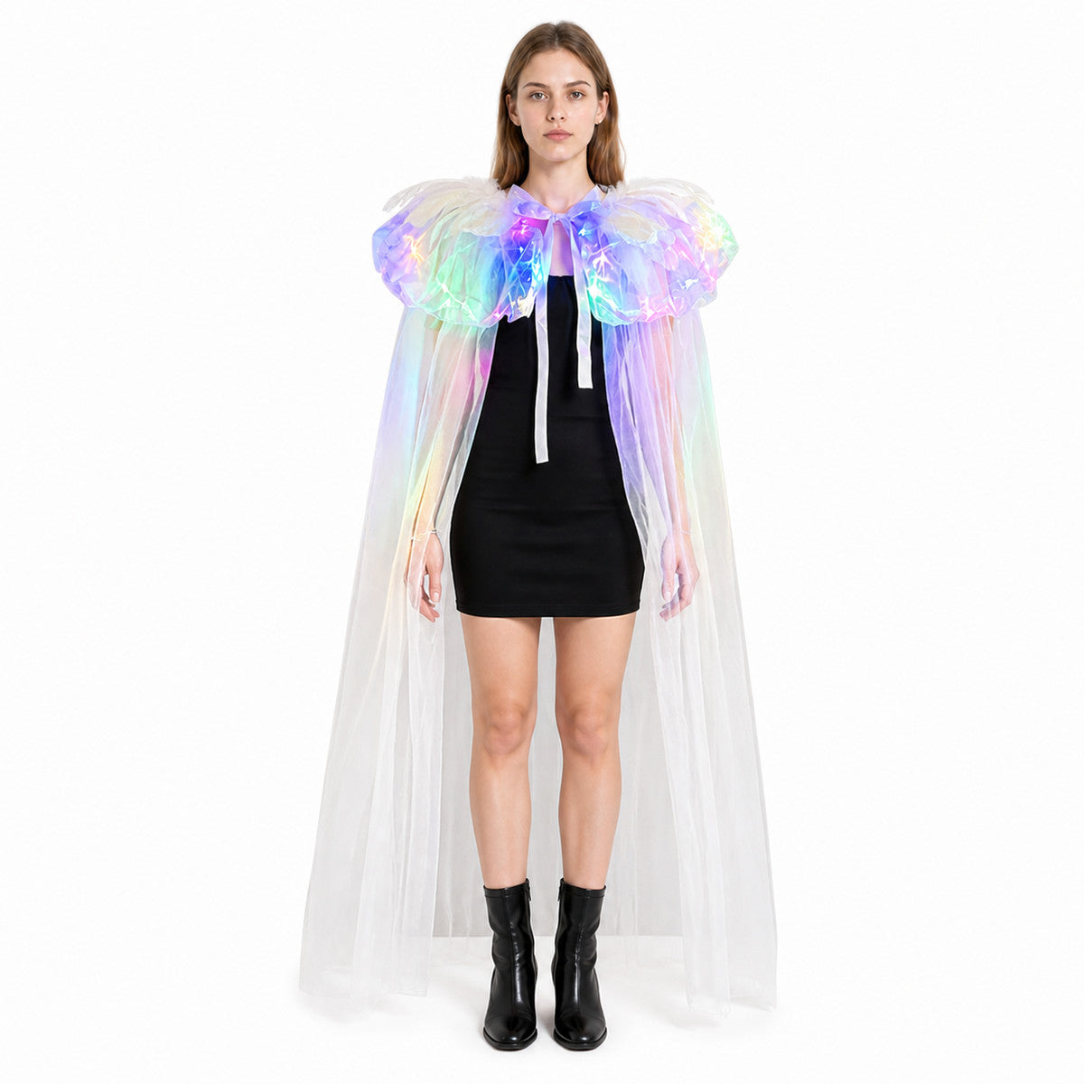 White Glowing Mesh Cape Costume for Women Halloween Party Long Sheer Cape with Costume Capes detail