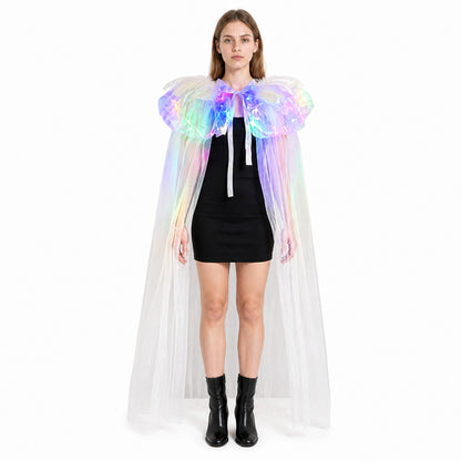 White Glowing Mesh Cape Costume for Women Halloween Party Long Sheer Cape with Costume Capes detail