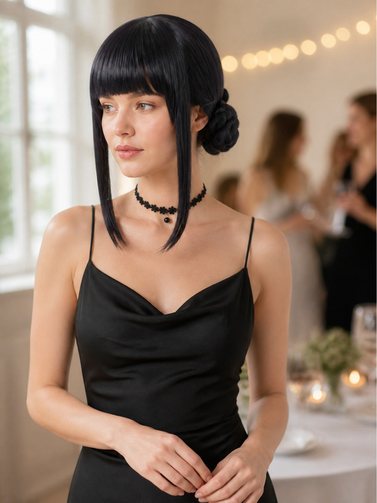 Black Carnival Wig with Buns for Halloween and Cosplay lifestyle view