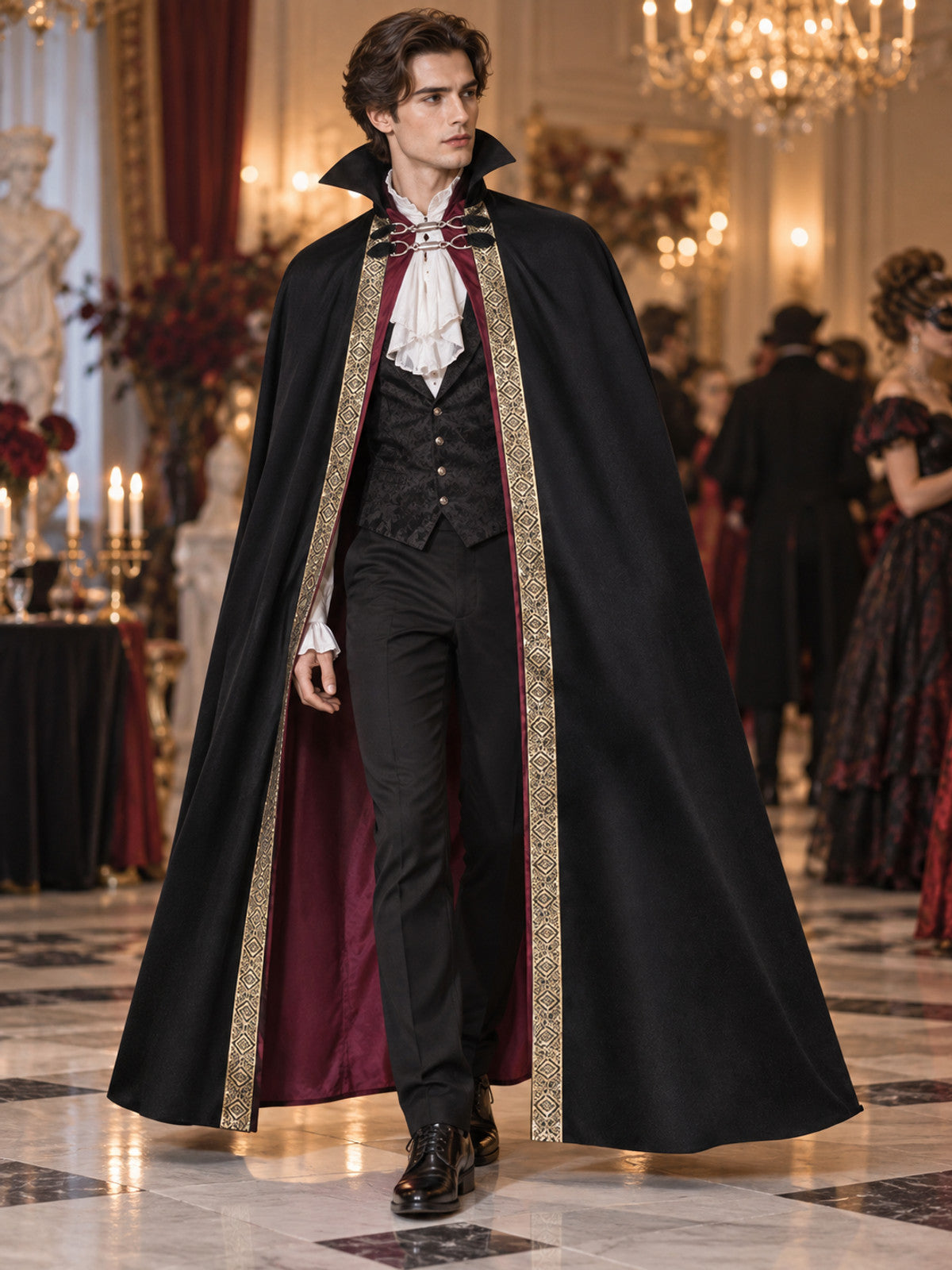 Long Black Cosplay Cloak with Burgundy Lining
