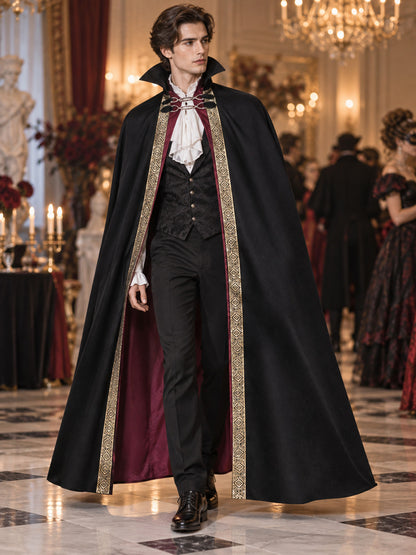 Long Black Cosplay Cloak with Burgundy Lining