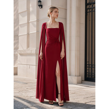 Burgundy Maxi Dress with a Square Neckline and Slit