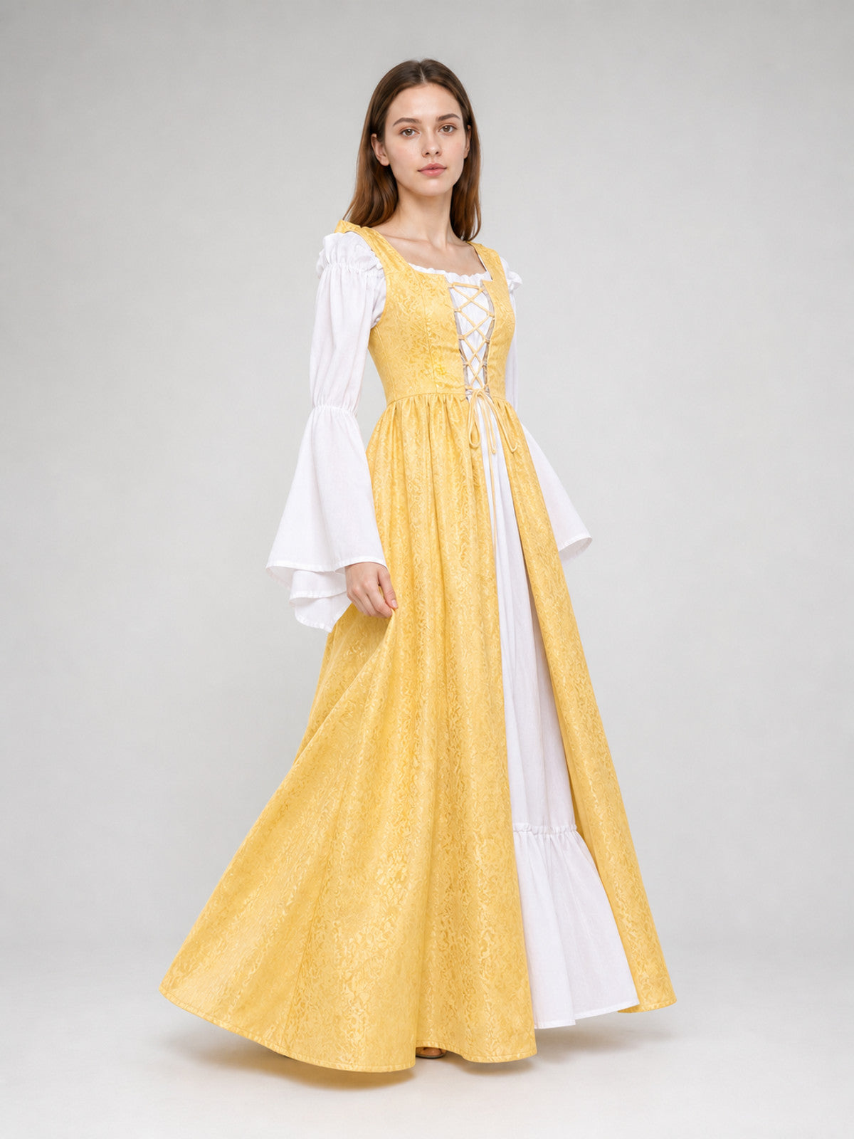 The yellow dress is designed in a fairytale costume style with distinctive