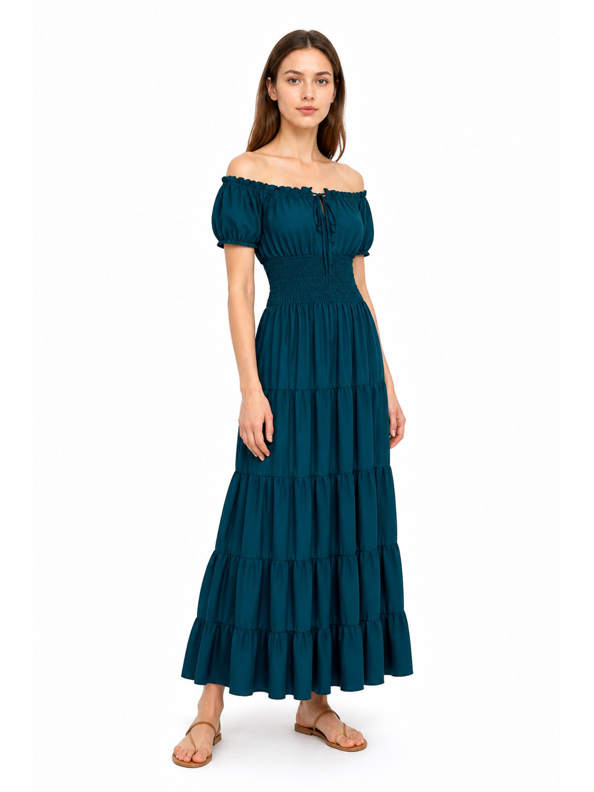 Long Dress with Off-the-Shoulder Neckline and Tiered Skirt Costume Dresses detail