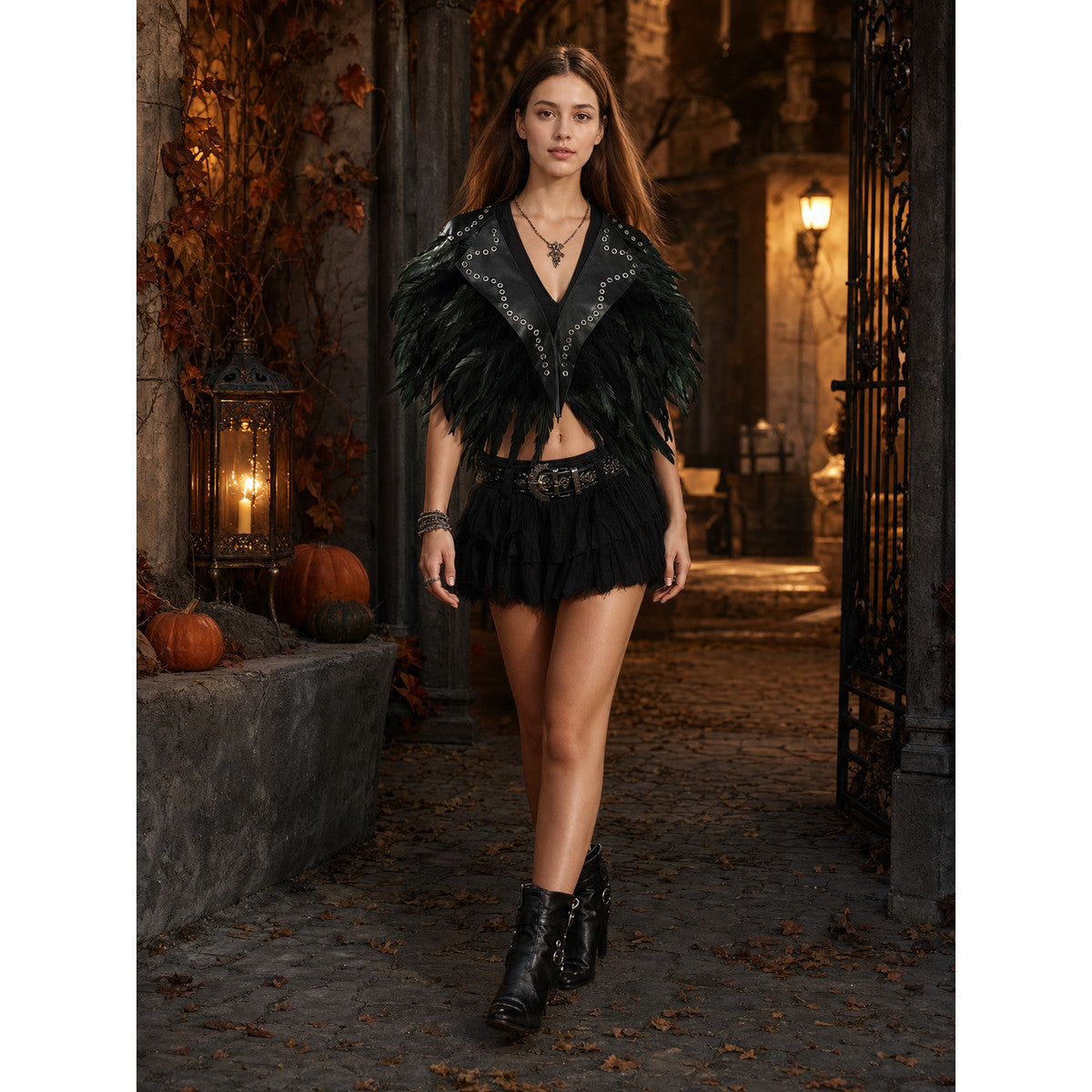 Halloween Costume Feather Collar Accessory, 1pc Black Pointed Lapel with Metal Grommet Trim, Cosplay Role Play Theme Party Dress Up
