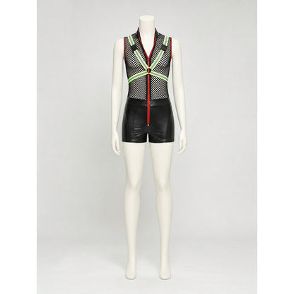 This one-piece romper is designed in the style of a costume for themed parties and cosplay looks. It features a sleeveless, open design, a black mesh upper section with a noticeable texture, and black shorts on the lower section. A red zipp
