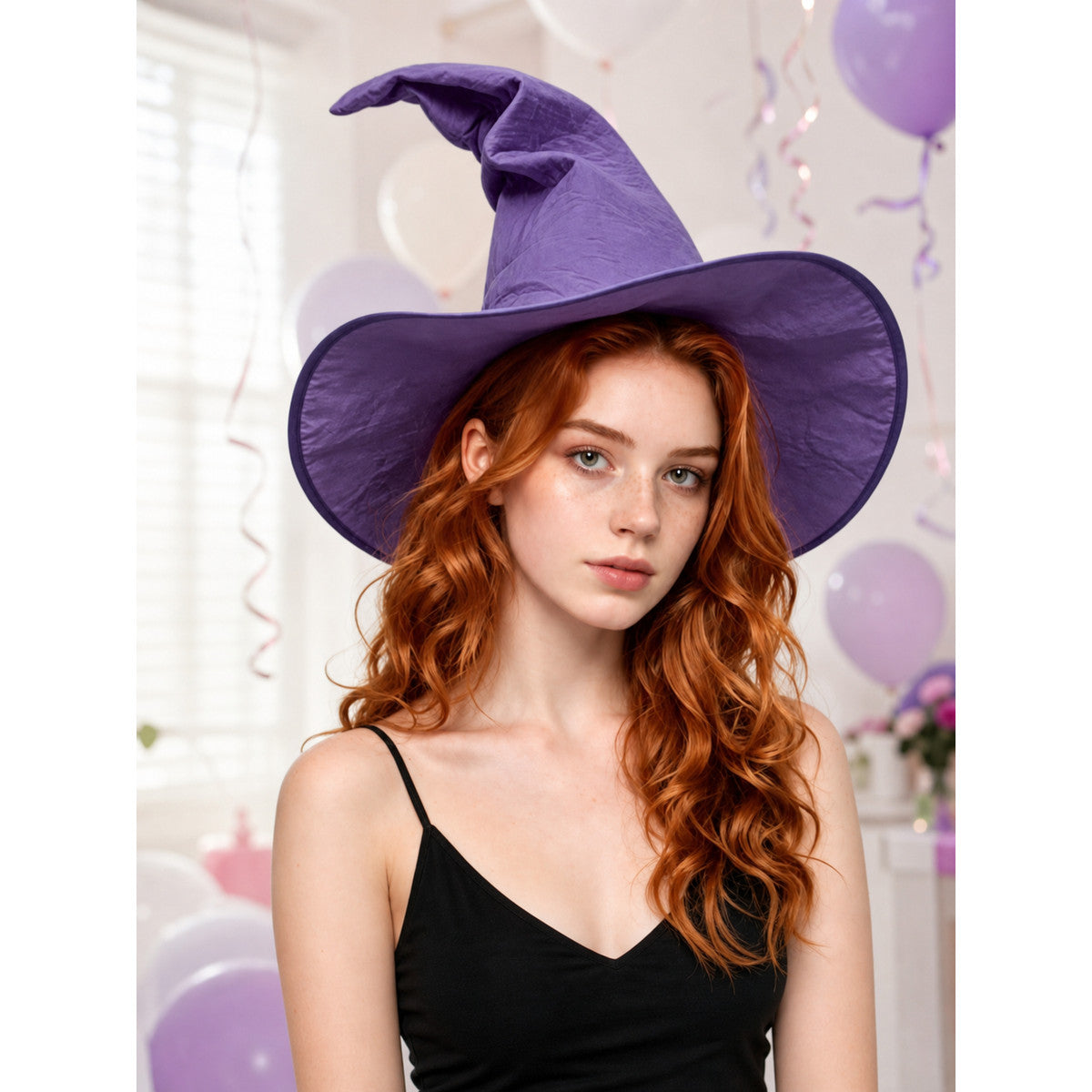 Purple pointed witch hat with a wide brim, shown on a model in a decorated indoor setting with balloons
