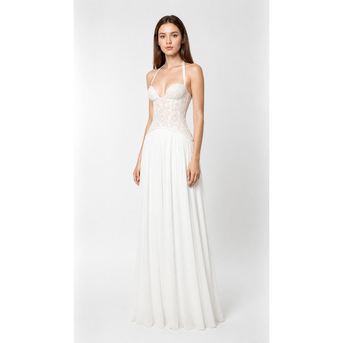 White Lace Dress with Pleated Skirt