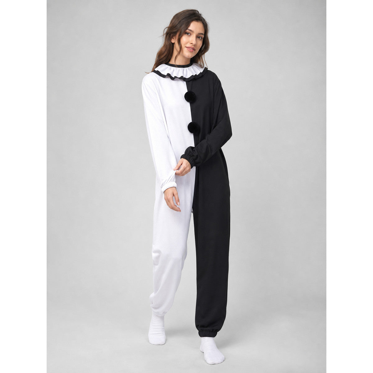 Halloween Clown Costume, Black and White Jumpsuit lifestyle