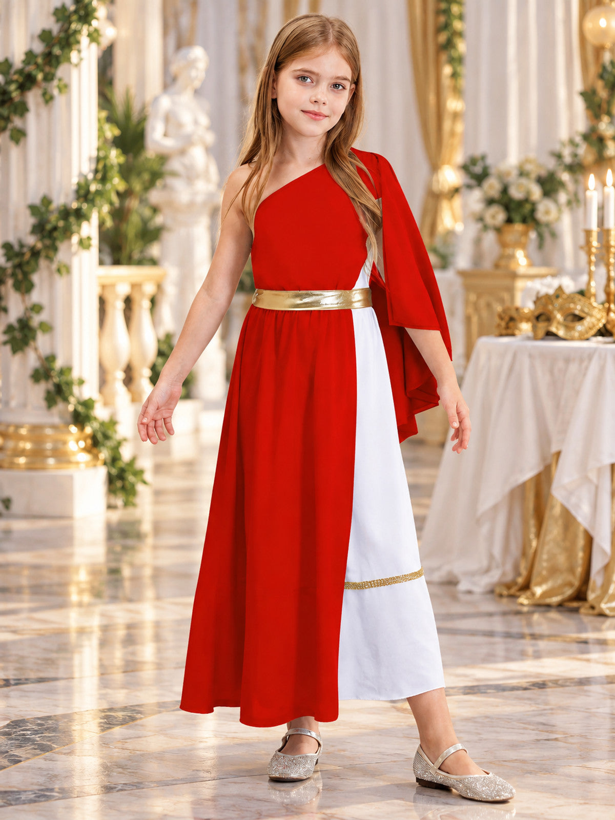 Asymmetrical dress with white inset and gold belt