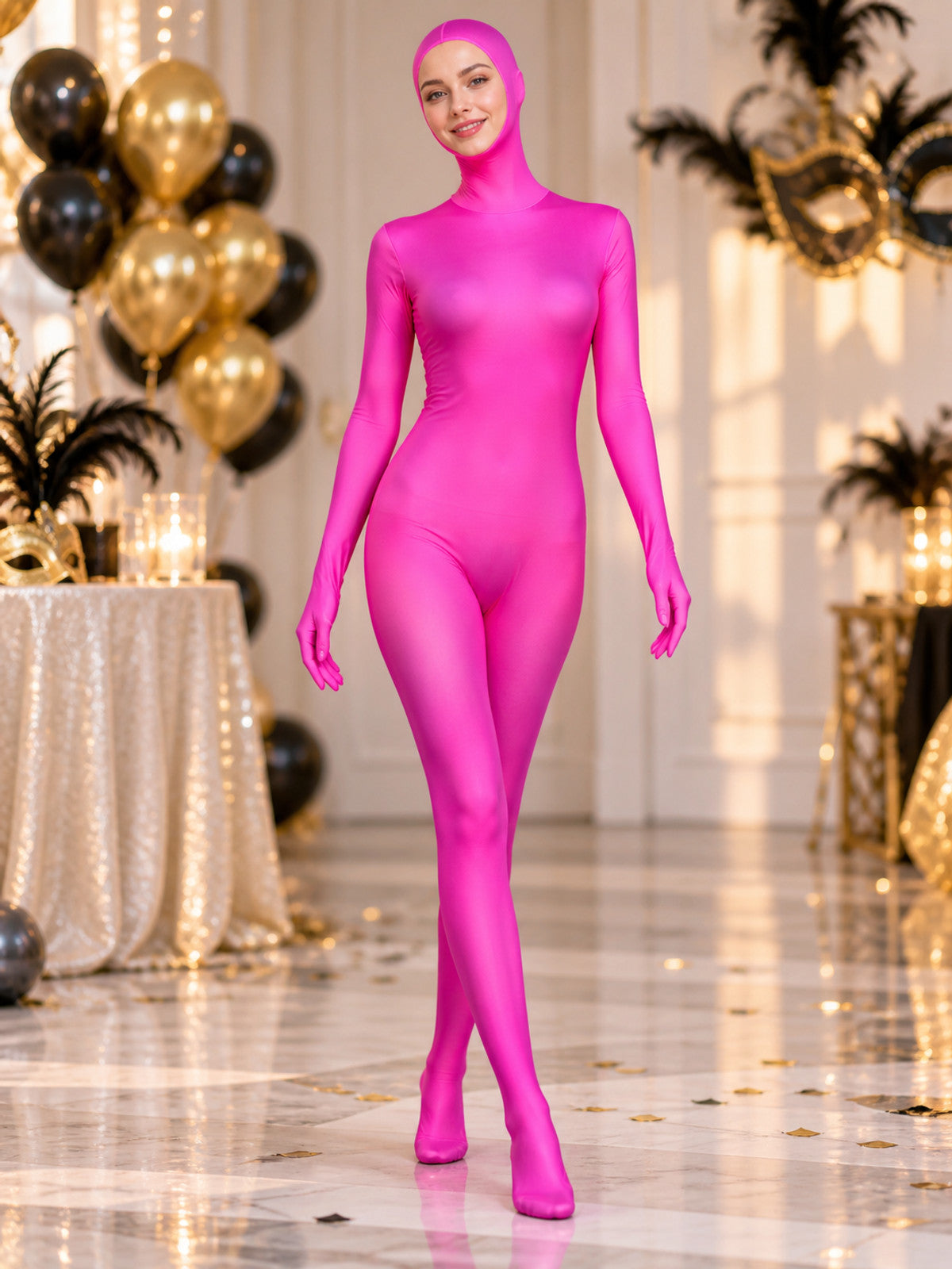 Bright Pink Fitted Hooded Bodysuit Costume