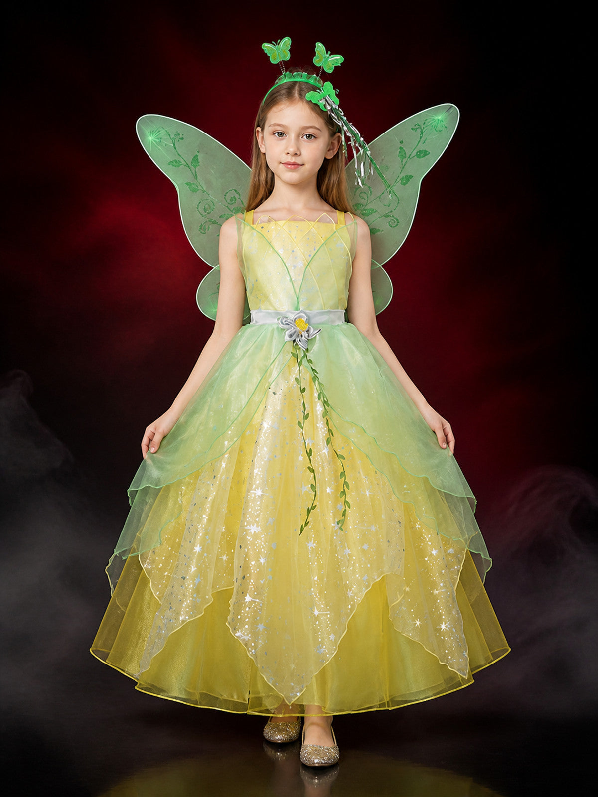 Girls' Fairy Princess Dress, Leaf Print Glitter Tulle Costume, Long Flowing