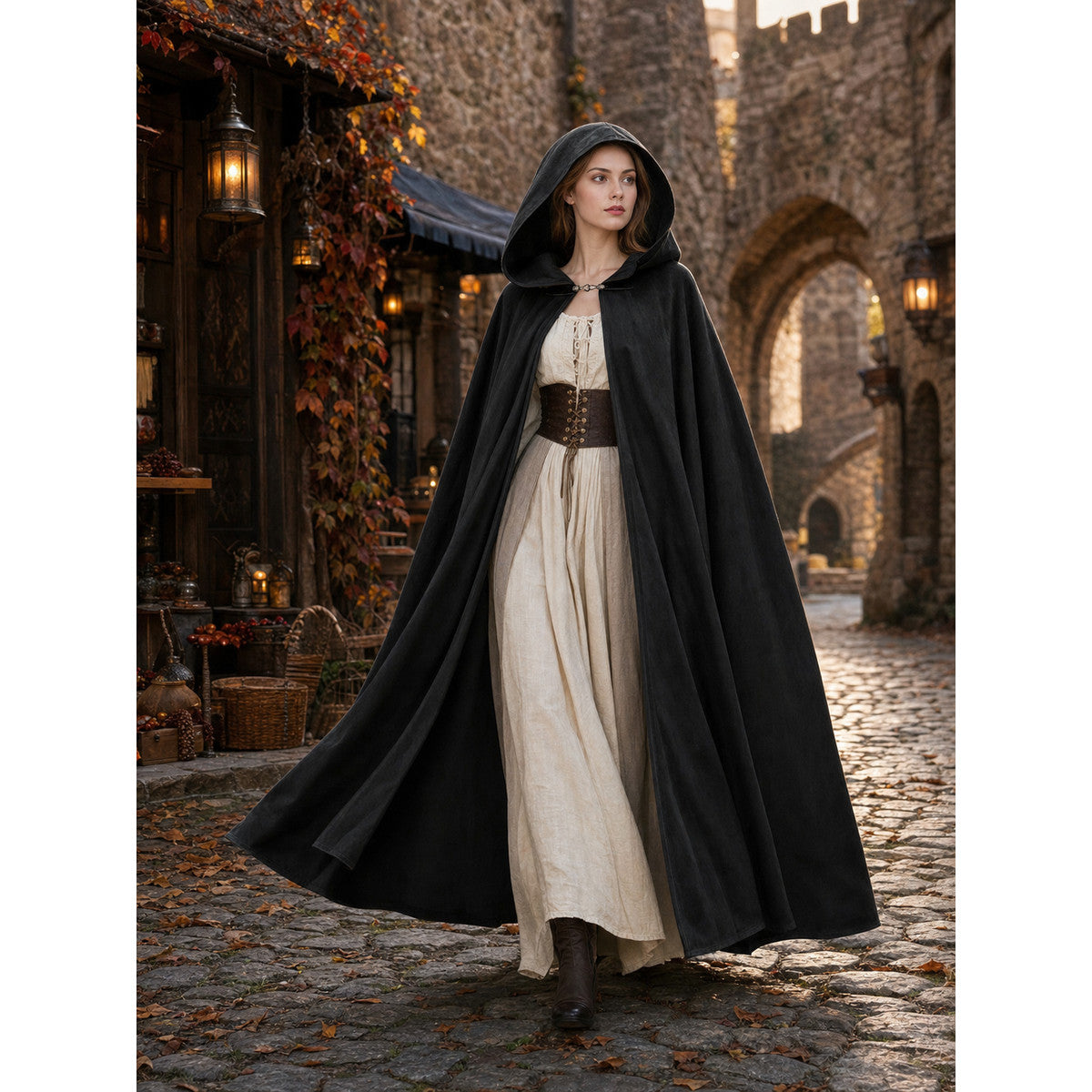 Black hooded cloak shown full-body on a model in a medieval-style street, with a wide hem and clasp at the neck