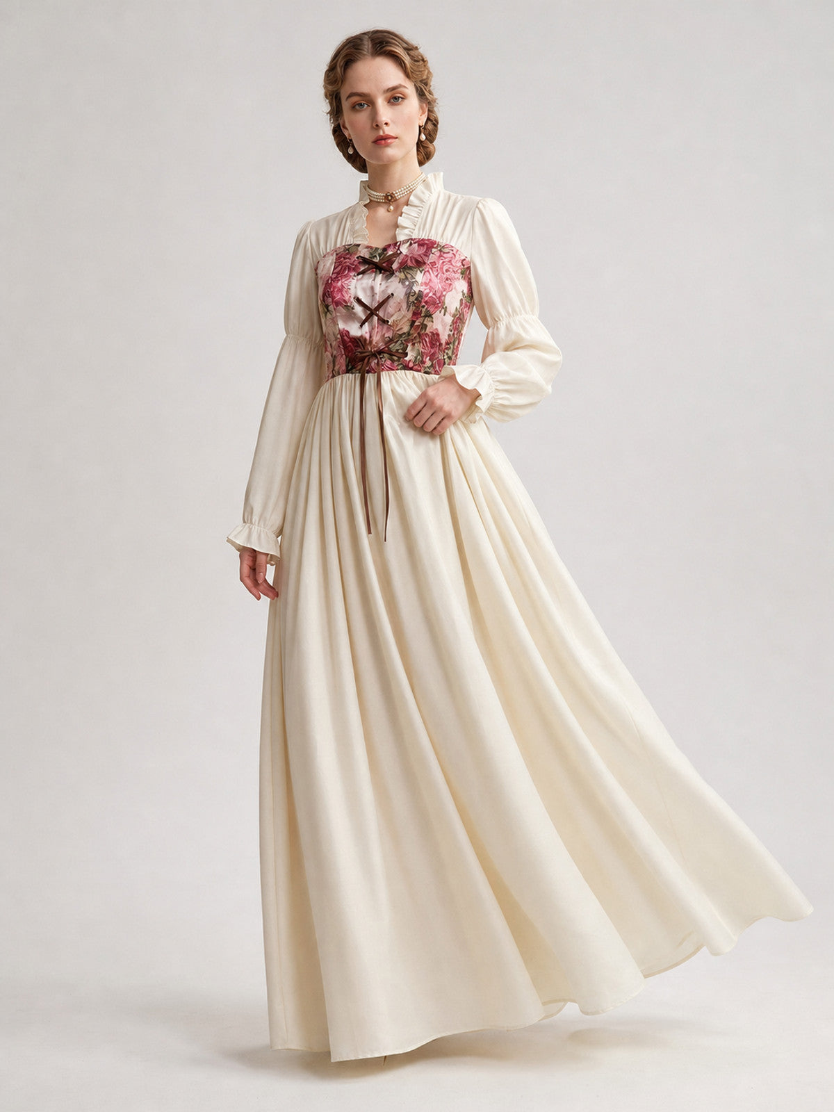 Retro-Style Dress with Floral Print and Lace-Up Front Costume Dresses detail
