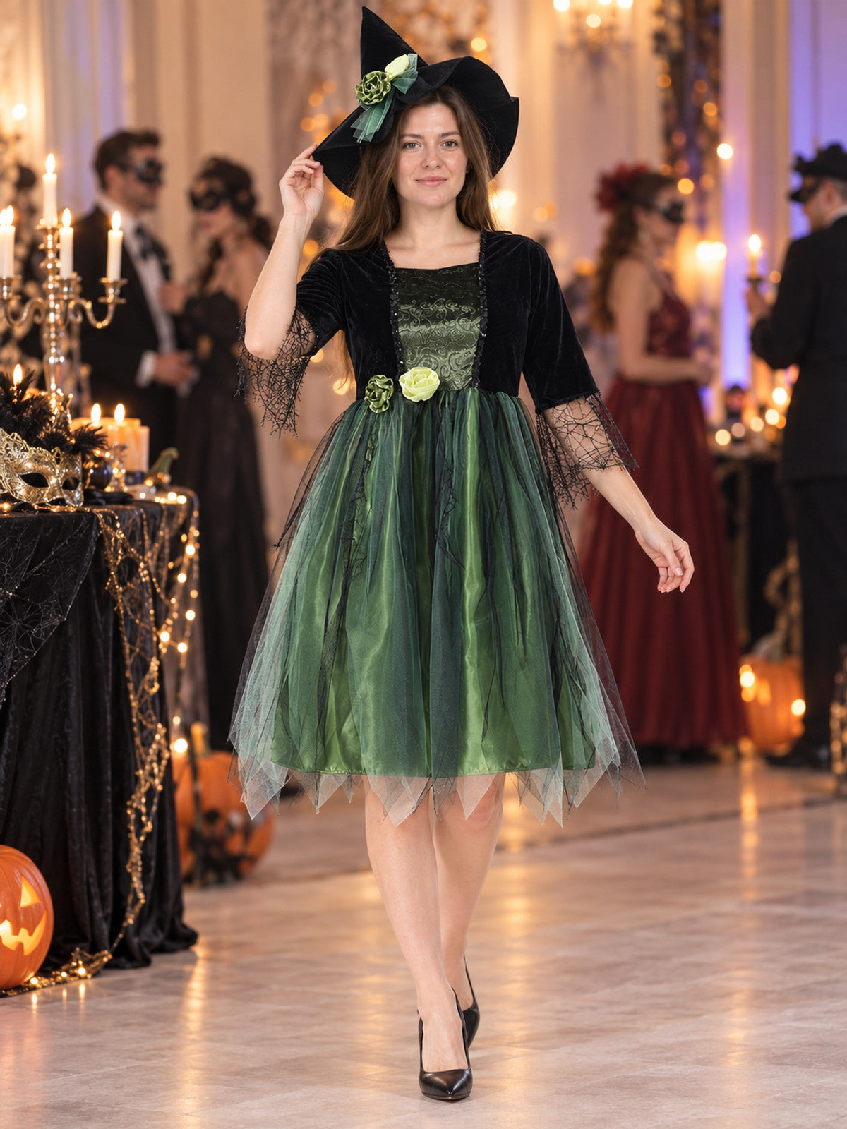 Witch Costume: Dress and Hat, Green with Black