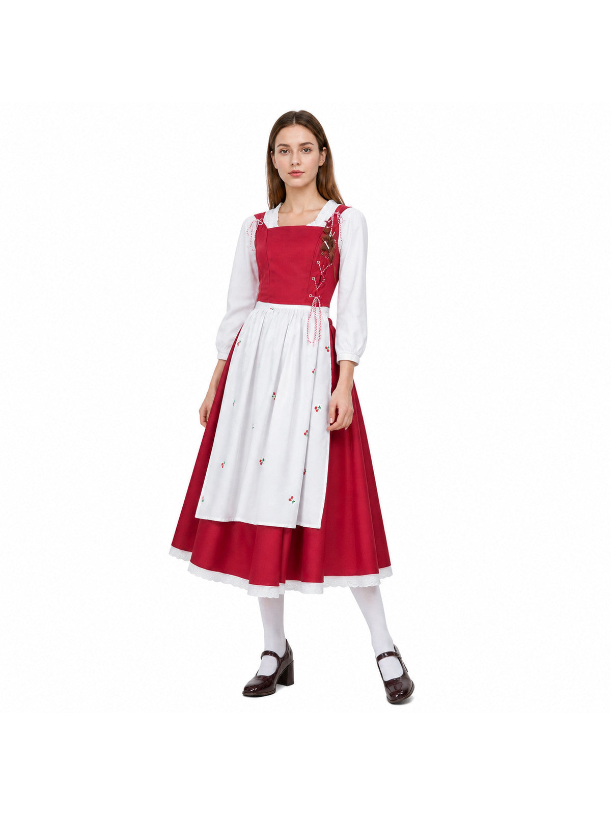Dress with Apron and Cherry Print, Long Sleeves