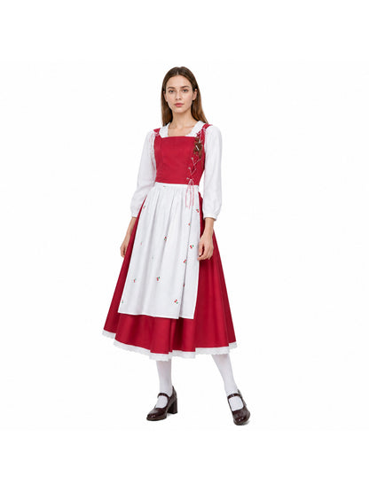 Dress with Apron and Cherry Print, Long Sleeves