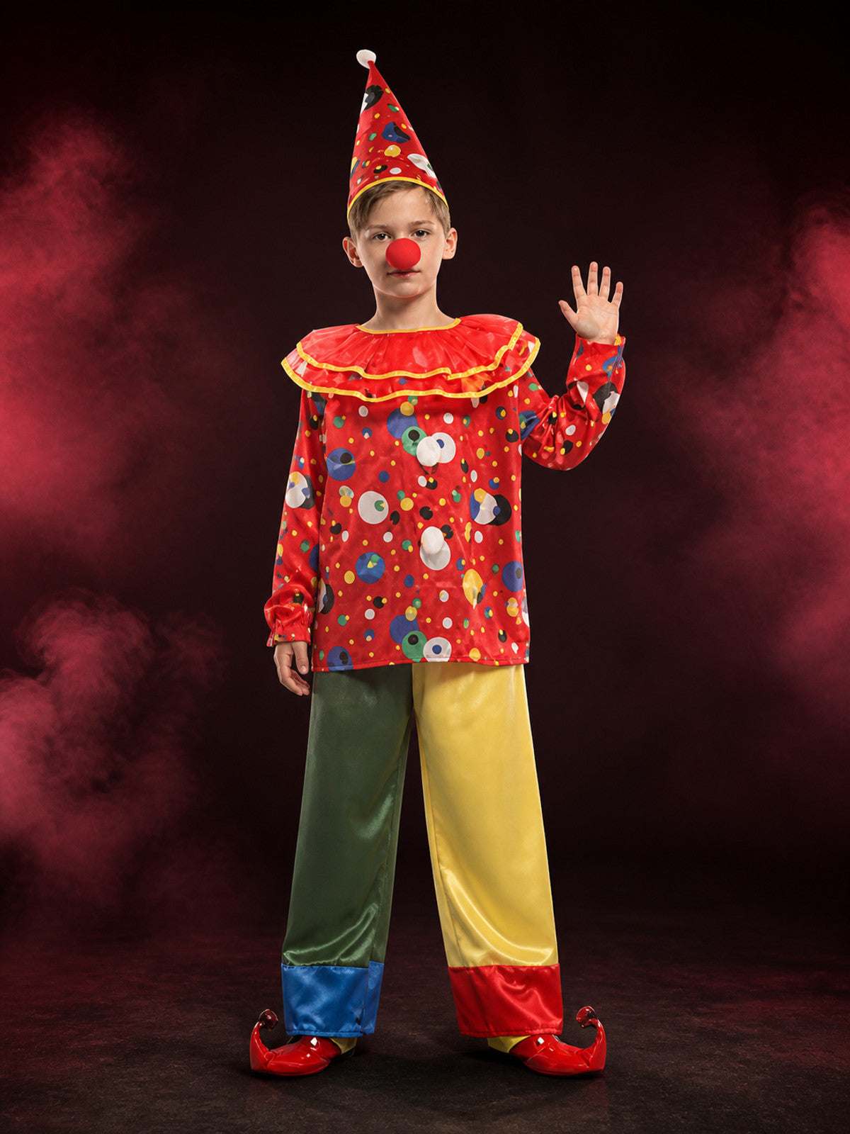 Kids' Colorful Clown Circus Costume Set with Hat and Nose, Halloween Cosplay main product view