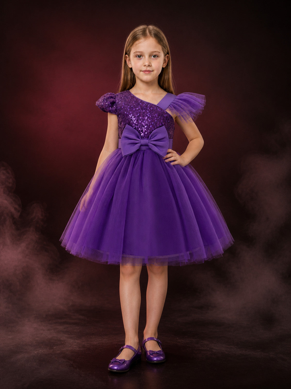 Toddler Girls' Purple Sequined Princess Dress, One-Shoulder Tulle Gown With Bow main product view