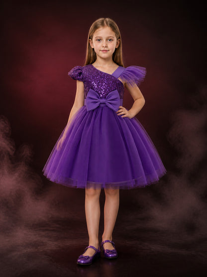 Toddler Girls' Purple Sequined Princess Dress, One-Shoulder Tulle Gown With Bow main product view