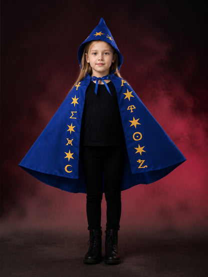 Blue Wizard Costume Set with Pointed Hat and Star-Patterned Cape