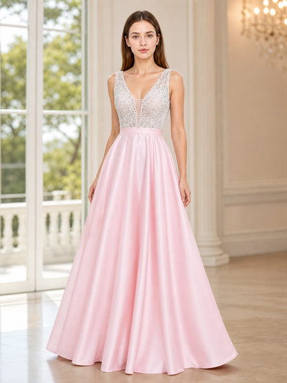 Floor-Length Evening Dress with a Deep V-Neckline