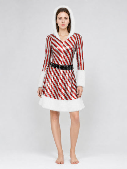Christmas Hooded Dress with Fuzzy Trim Costume Dresses detail