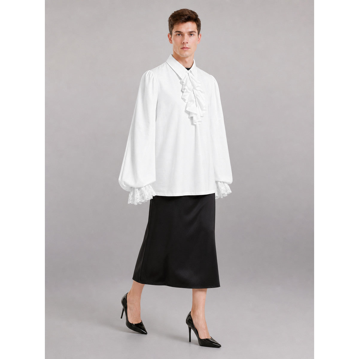 White Blouse with Jabot and Long Sleeves lifestyle