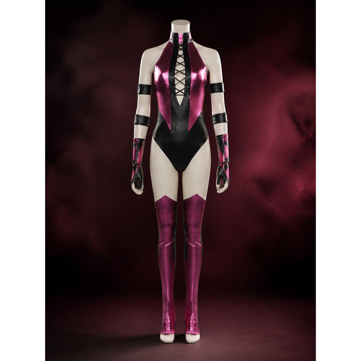 Women's Sexy Cosplay Bodysuit Costume, High Slit, Pink Black Cross Tie main product view